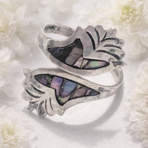 Vintage Jewelry - Sterling Silver Abalone Leaf Adjustable Bypass Ring Size 6 Vintage